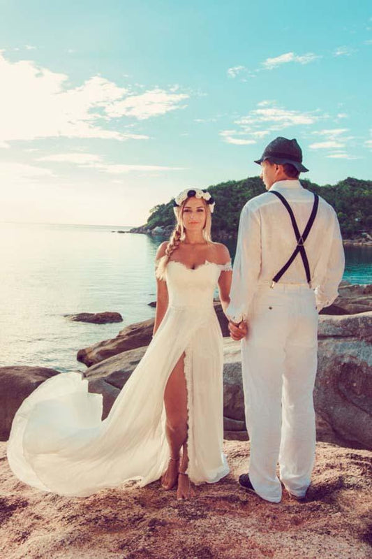 Beach Lace Off The Shoulder Long Chiffon Wedding Dresses