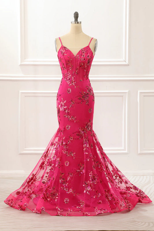 Hot Pink V-Neck Spaghetti Strap Sequin Print Mermaid Corset Prom Dress