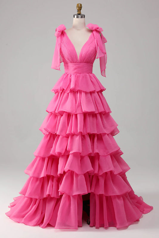 Princess Fuchsia A-Line V-Neck Pleats Long Tiered Prom Dress With Slit
