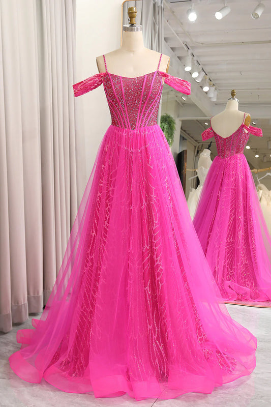 Fuchsia Spaghetti Strap A-Line Off The Shoulder Tulle Long Prom Dress