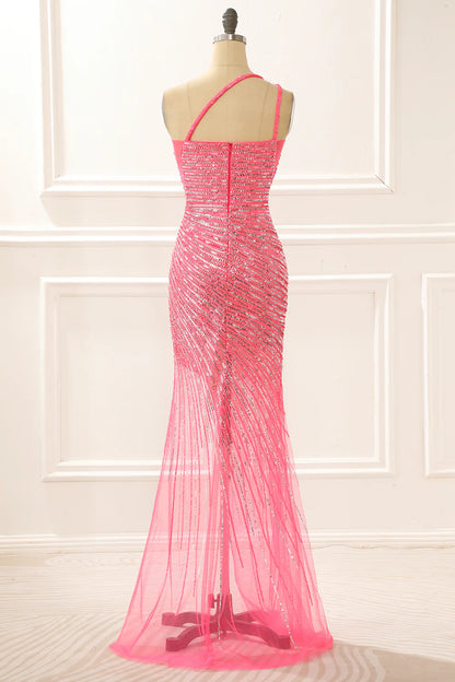 One Shoulder Hot Pink Sparkly Sequin Wrap The Buttocks Long Prom Dress with Slit