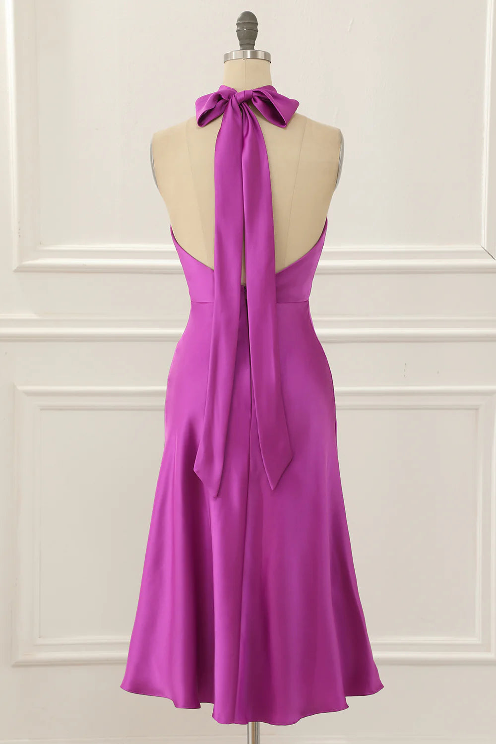 Fuchsia Round Neck Satin Halter Sleeveless Backless Short Simple Prom Dress