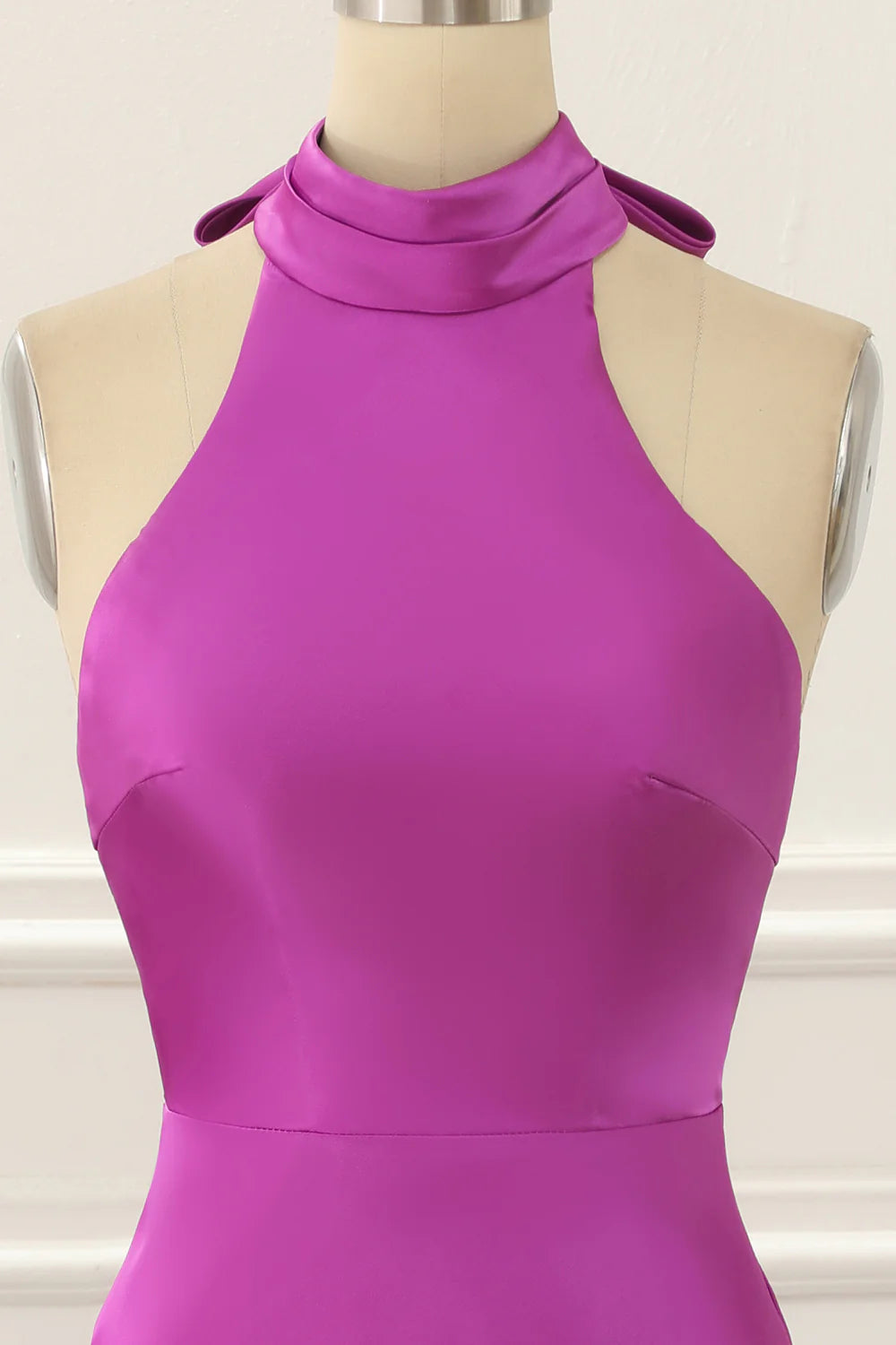 Fuchsia Round Neck Satin Halter Sleeveless Backless Short Simple Prom Dress