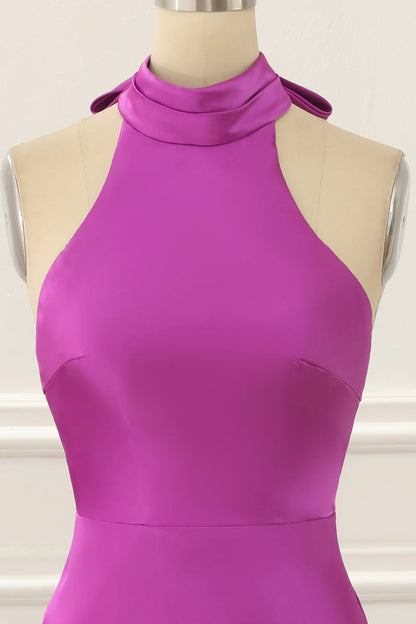 Fuchsia Round Neck Satin Halter Sleeveless Backless Short Simple Prom Dress