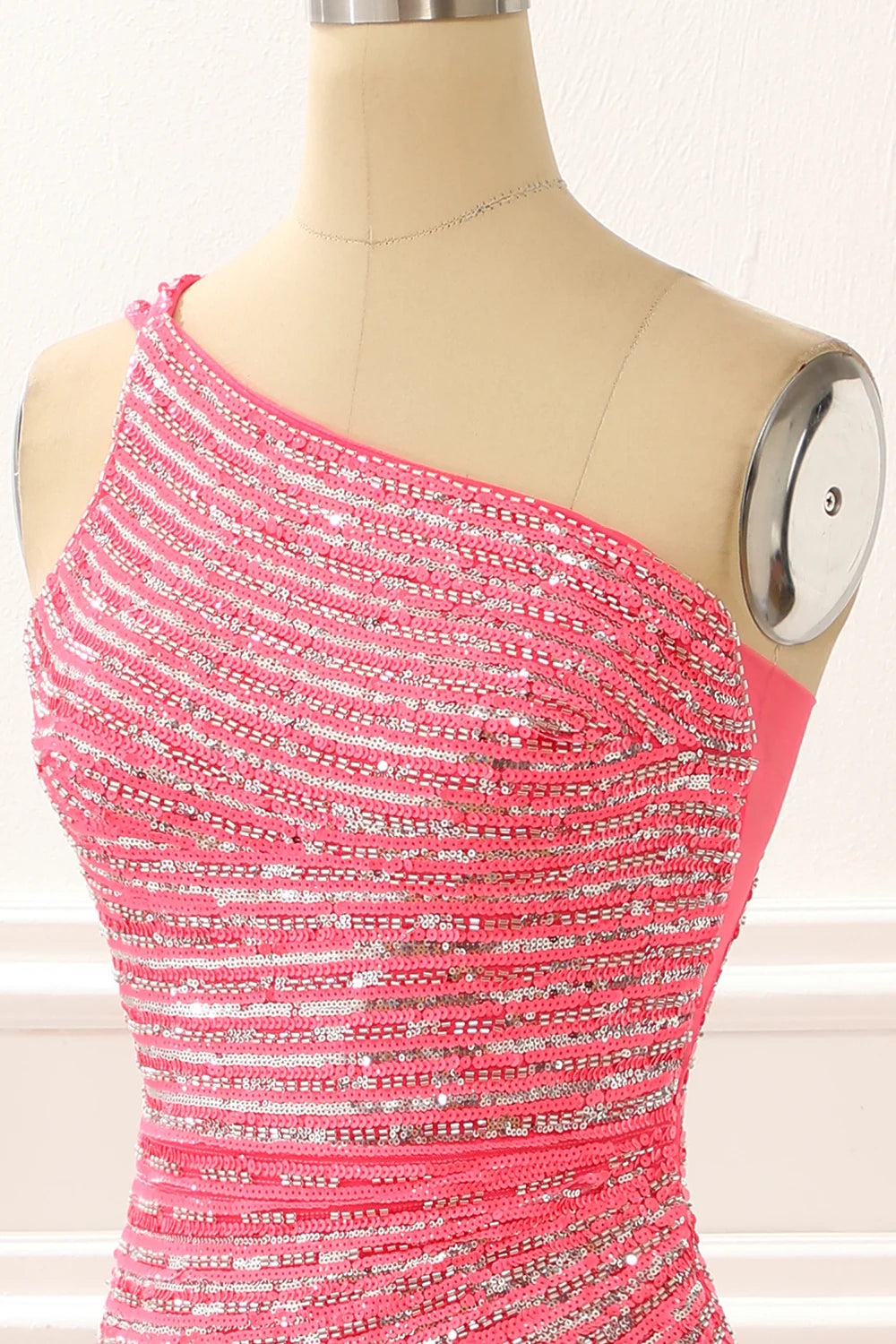 One Shoulder Hot Pink Sparkly Sequin Wrap The Buttocks Long Prom Dress with Slit