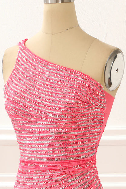 One Shoulder Hot Pink Sparkly Sequin Wrap The Buttocks Long Prom Dress with Slit