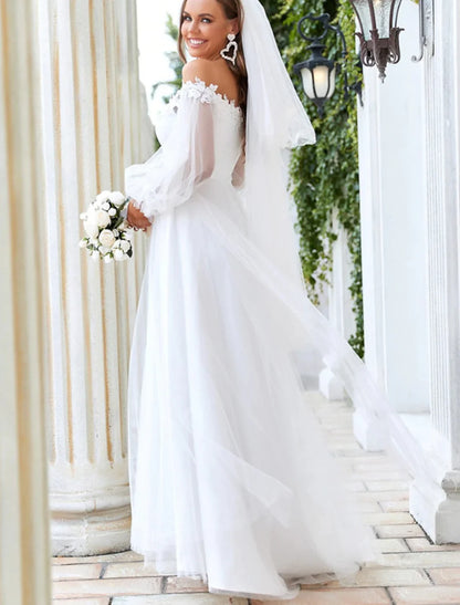 A-Line Off Shoulder Long Sleeve Floor Length Tulle Bridal Gowns With Lace Insert Appliques