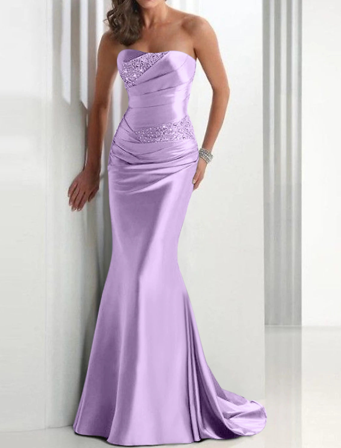 Sheath Mermaid Formal Evening Dress Strapless Wedding Guest Sleeveless Brush Train Satin Prom Dress with Crystals