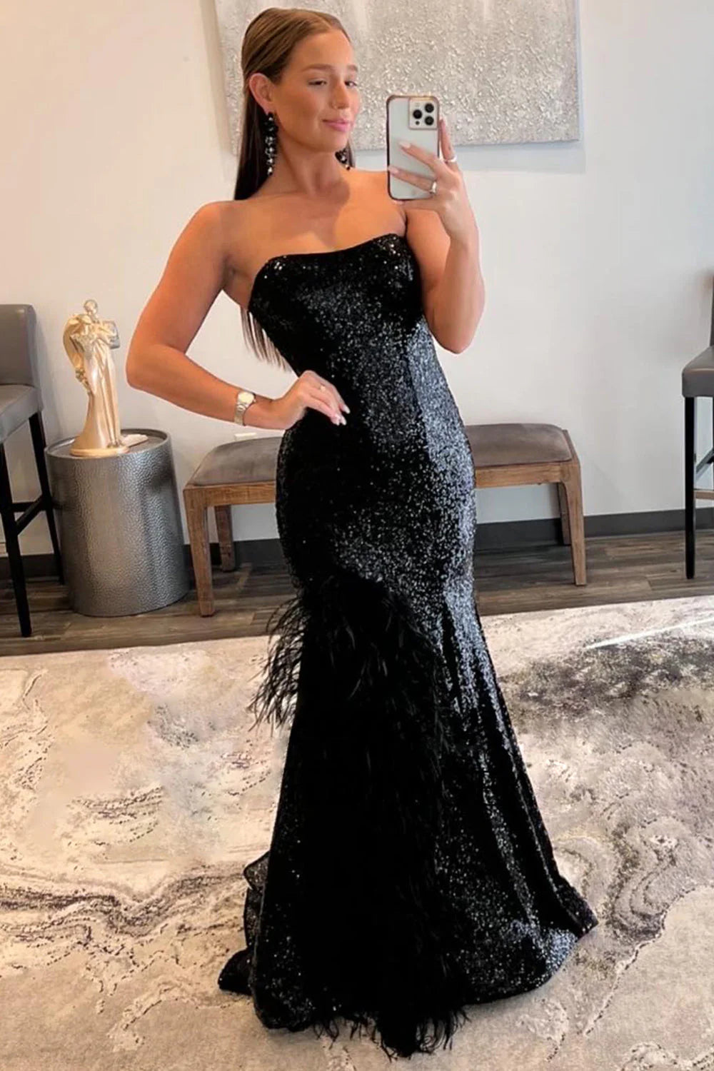 Mermaid Strapless Off-the-Shoulder Black Sequins Long Prom Dress with Feather