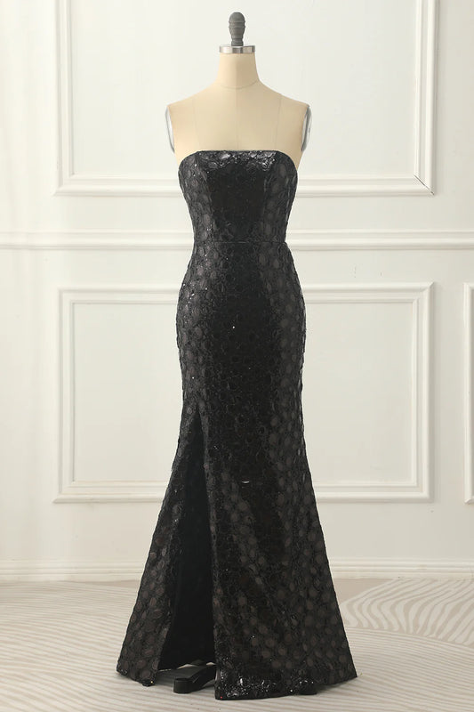 Black Sheath Strapless Off-the-Shoulder Sequins Split Fork Prom Dress