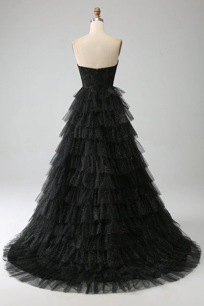 Glitter Sweetheart A-Line Off-the-Shoulder Black Corset Floor-Length Prom Dress with Slit