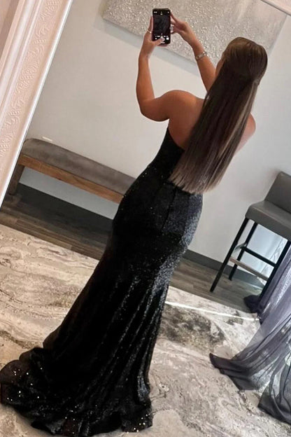 Mermaid Strapless Off-the-Shoulder Black Sequins Long Prom Dress with Feather