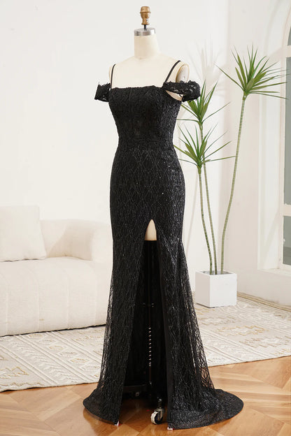 Sparkly Black Square Neck Mermaid Off The Shoulder Slim-fit Prom Dress With Slit ﻿