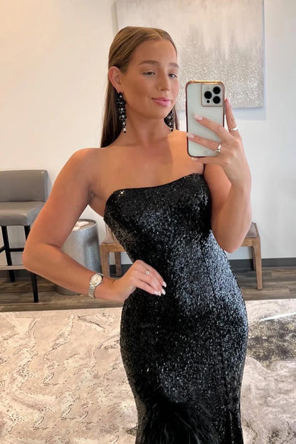 Mermaid Strapless Off-the-Shoulder Black Sequins Long Prom Dress with Feather
