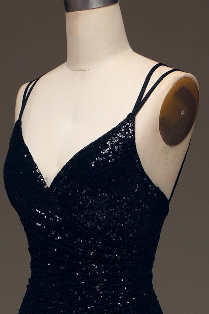 Black V-Neck Sparkly Sequin Spaghetti Strap Mermaid Long Prom Dress With Slit