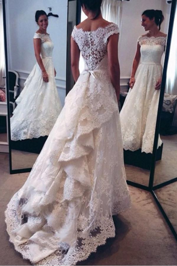 Classic Off-The-Shoulder Tiered Lace A-Line Wedding Dress