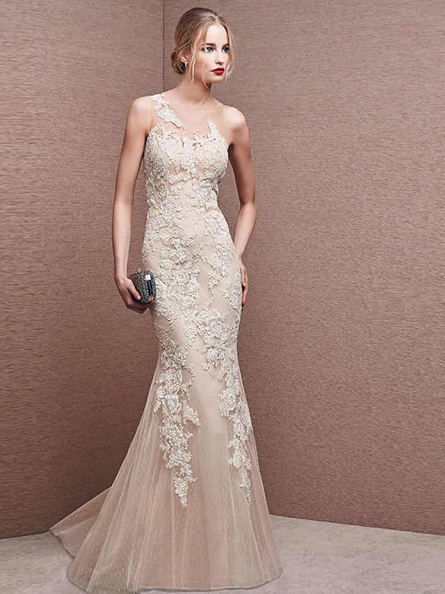 Mermaid / Trumpet Beautiful Back White Engagement Formal Evening Dress Illusion Neck Sleeveless Floor Length Lace with Appliques