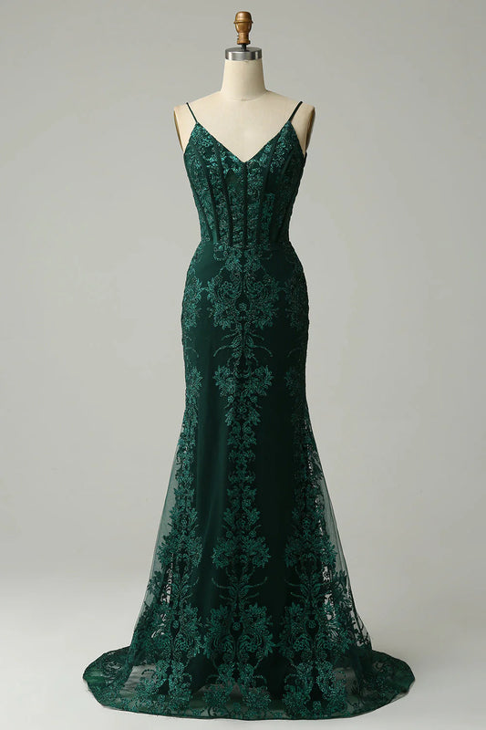 Mermaid Spaghetti Straps Peacock Green V-Neck Slim-fit Prom Dress with Appliques