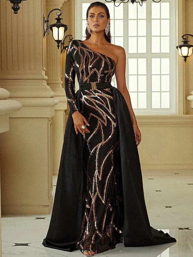 Mermaid / Trumpet Evening Gown Sexy Dress Formal Court Train Long Sleeve One Shoulder Polyester with Sequin