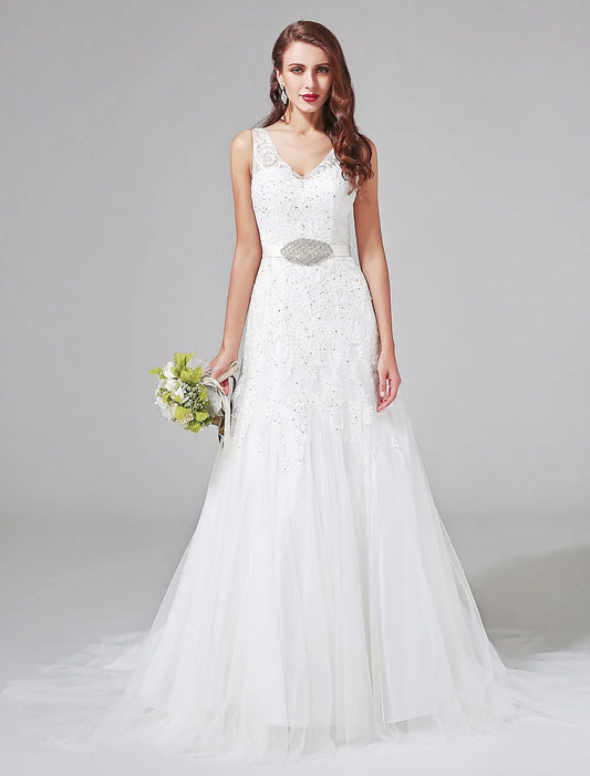 A-Line V Neck Sleeveless Court Train Lace Bridal Gowns With Sash / Ribbon Beading Wedding Dresses