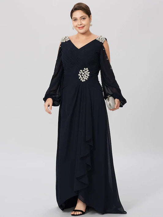 A-Line Mother of the Bride Dress Plus Size Elegant Jewel Neck Ankle Length Chiffon Half Sleeve with Ruffles Side-Draped