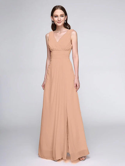 Sheath / Column Bridesmaid Dress V Neck Sleeveless Elegant Floor Length Chiffon with Criss Cross / Ruched