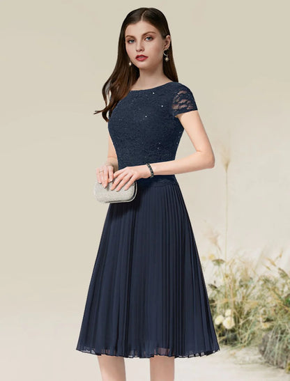 A-Line Cocktail Dresses Flirty Dress Homecoming Wedding Guest Tea Length Short Sleeve Jewel Neck Chiffon with Pleats