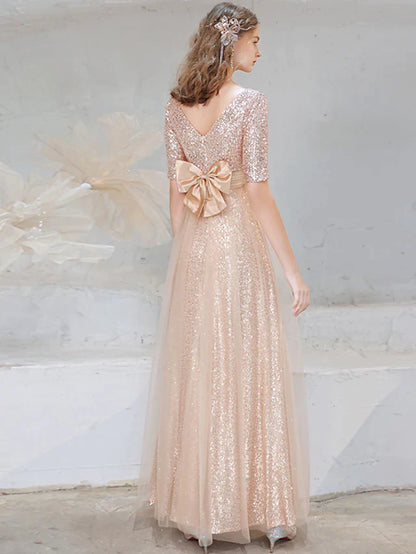 A-Line Evening Gown Sparkle Dress Wedding Guest Floor Length Half Sleeve V Neck Sequined with Bow(s) Sequin