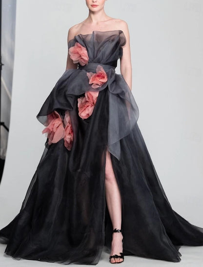 December Wedding Guest Dress A-Line Vintage Dress Birthday Sleeveless Strapless Organza with Floral Print Prom Dresses