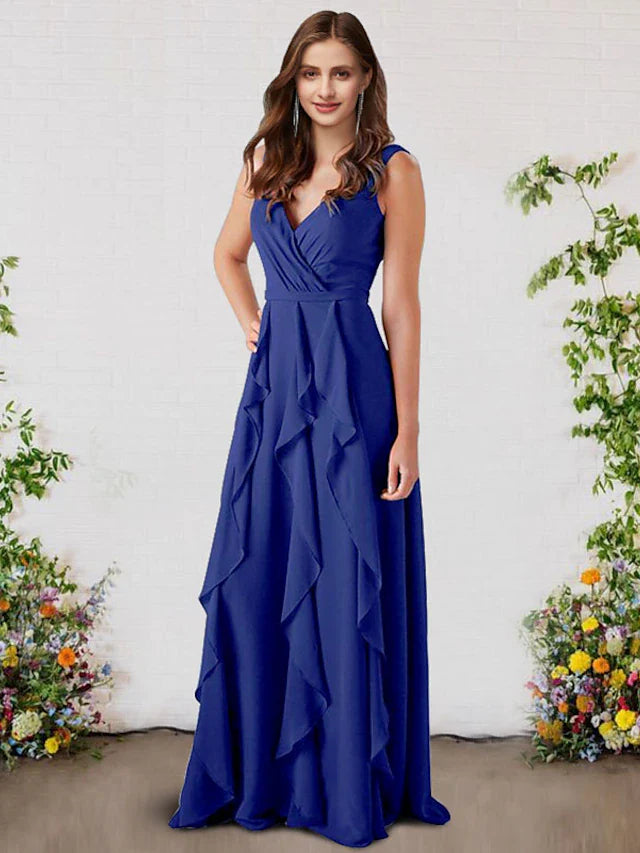 A-Line Bridesmaid Dress V Neck Sleeveless Elegant Floor Length Chiffon with Ruffles