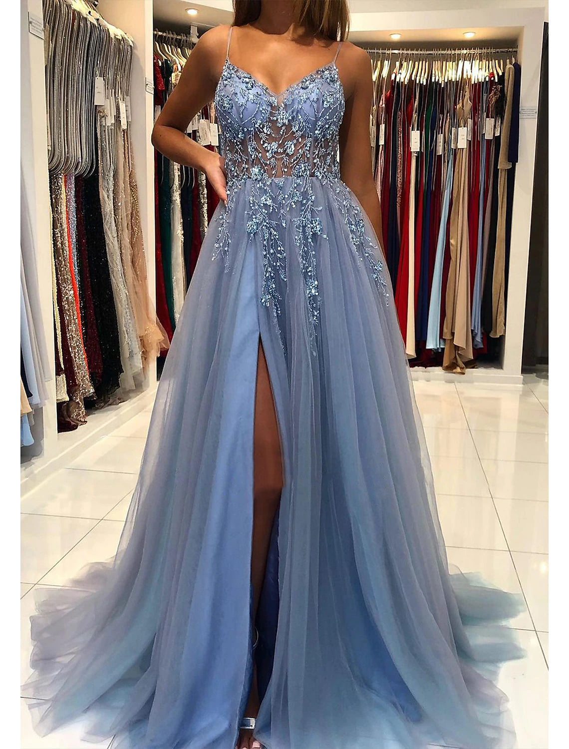 December Wedding Guest Dress A-Line Princess Dress Formal Court Train Sleeveless V Neck Tulle Beading Prom Dresses