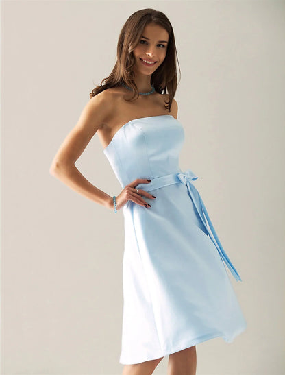 A-Line Bridesmaid Dress Strapless Sleeveless Elegant Knee Length Satin with Sash / Ribbon / Bow(s)