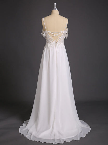 Beautiful Spaghetti Strap Chiffon Simple Elegant Wedding Dress