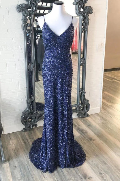 Sequin V-Neck Mermaid Long Prom Dress