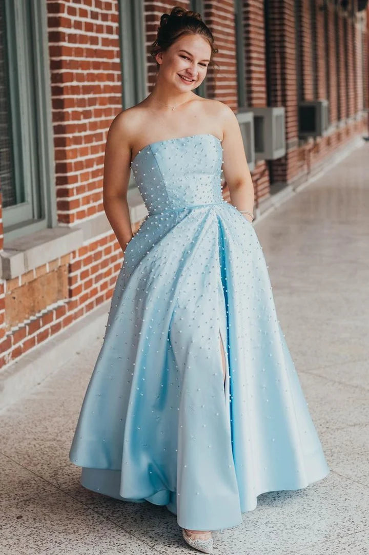 Satin Beaded Strapless A-line Prom Dress