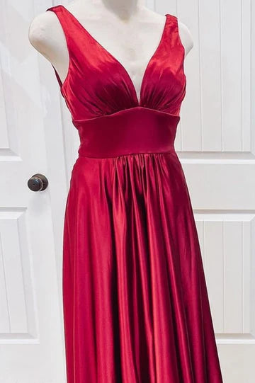 Satin V Neck Empire Pleated Bridesmaid Dress