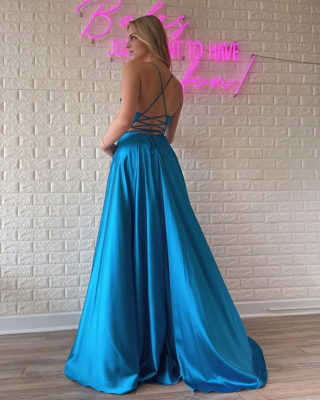 Cute A Line V Neck Spaghetti Strap Blue Satin Lace-Up Back Long Prom Dresses with Slit