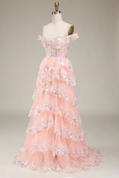 Blush A-Line Off-the-Shoulder Tulle Tiered Split Fork Floor-Length Prom Dress ﻿