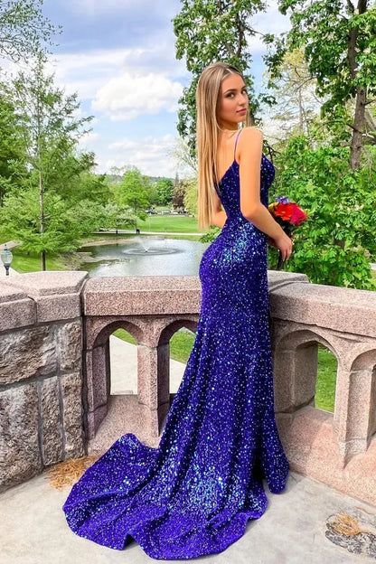 Gorgeous Mermaid V Neck Spaghetti Strap Royal Blue Sequins Long Prom Dresses