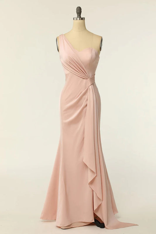 Blush Chiffon One-Shoulder Sheath Backless Long Bridesmaid Dress