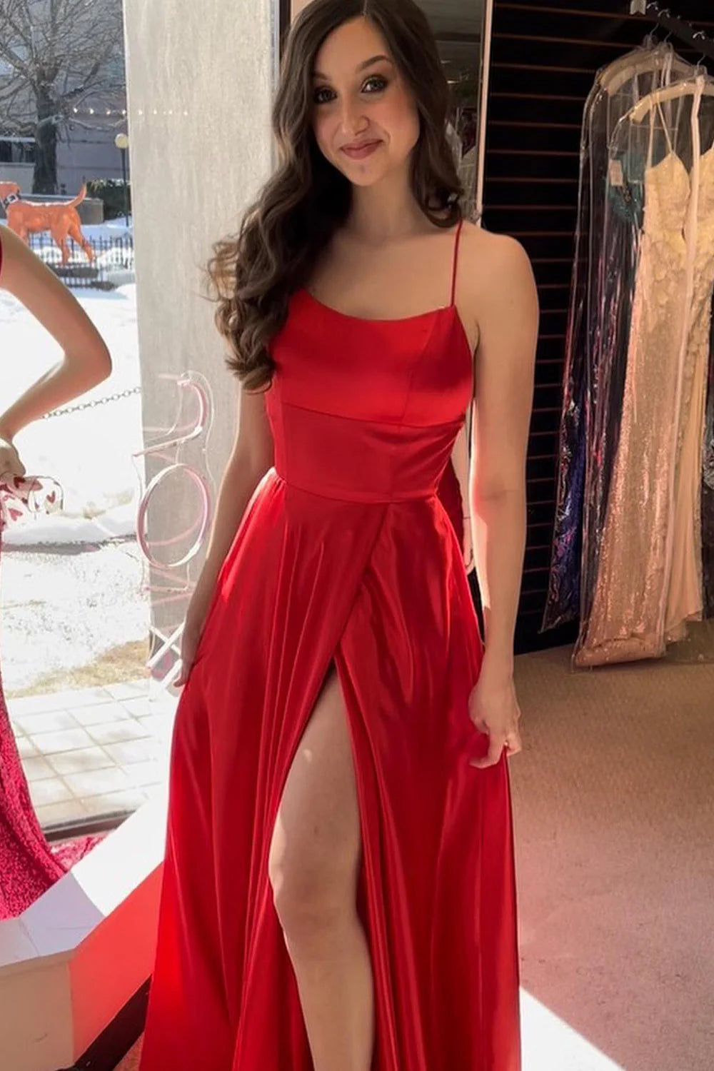 Red Square Neck Halter Lace-Up Back Backless A Line Satin Prom Dress