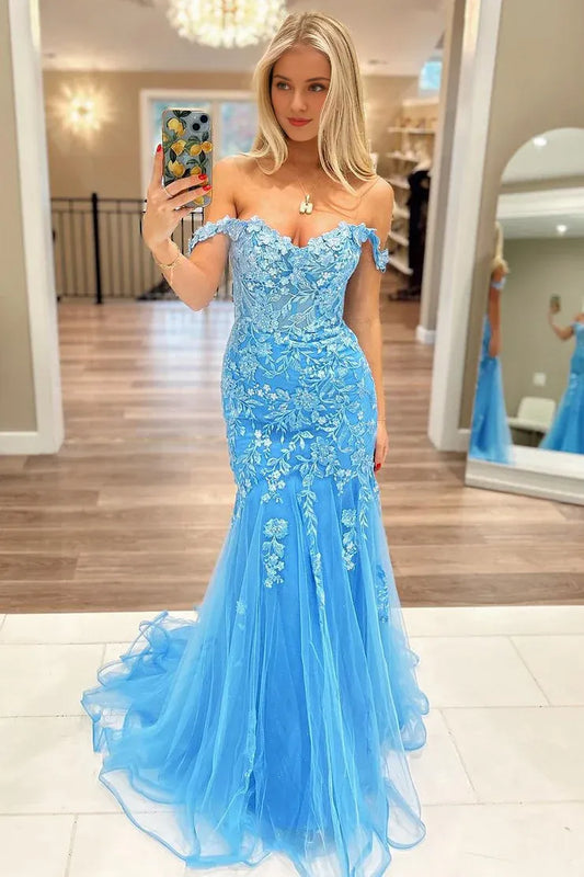 Cute Mermaid Sweetheart Blue V-Neck Off-the-Shoulder Lace Long Prom Dress with Appliques