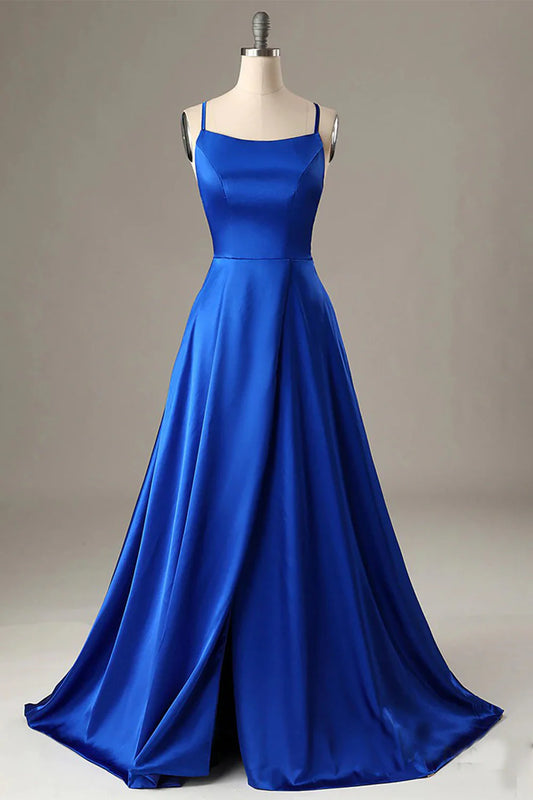 Royal Blue Square Neck Halter Lace-Up Back Backless A Line Satin Prom Dress