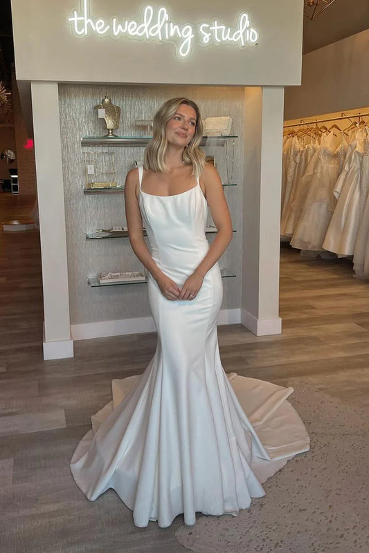Elegant Scoop Neck Mermaid Spaghetti Strap Backless Wedding Dresses with Train