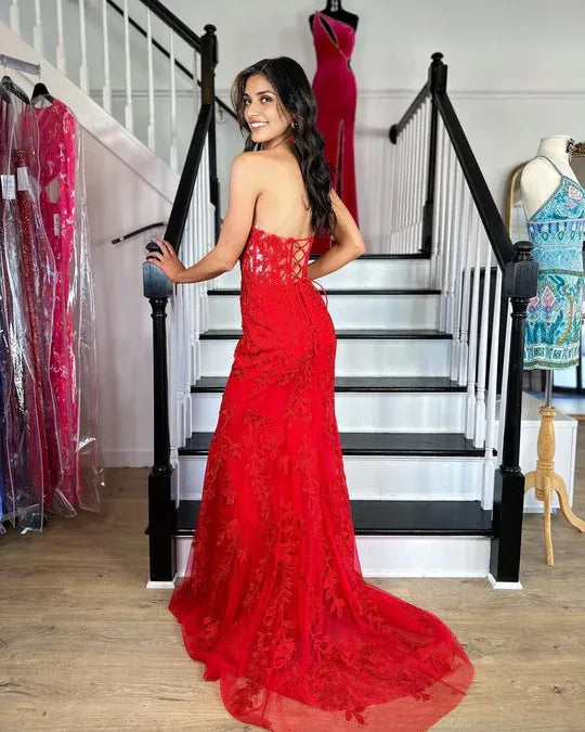 Cute Mermaid Off-the-Shoulder Sweetheart Red Applique Lace Slim-fit Prom Dresses