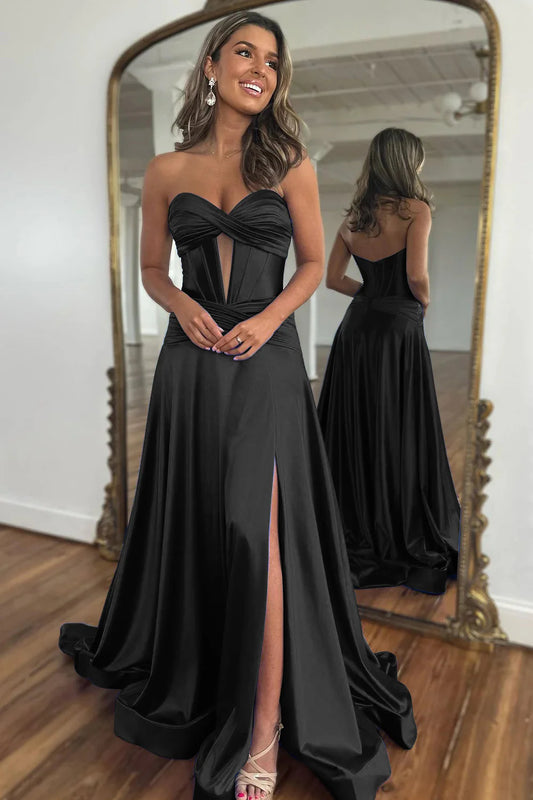 Black A-Line Off-the-Shoulder Sweetheart Zipper Back Long Satin Prom Dress With Split