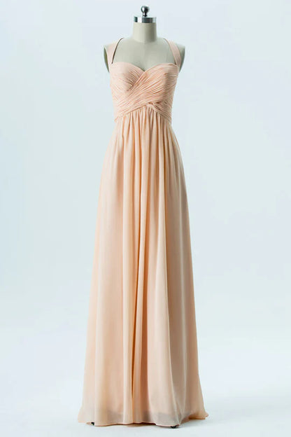 Light Orange Chiffon Halter Backless Bridesmaid Dress