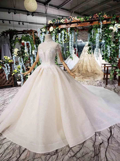 Elegant Cap Sleeves Ball Gown Beading High Neck Wedding Dress