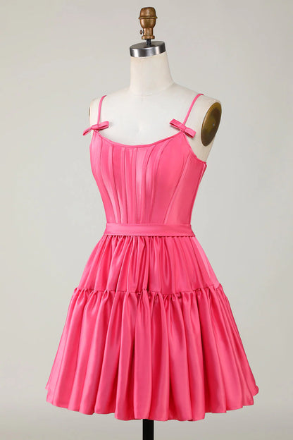 Hot Pink Trendy A-Line Spaghetti Straps Lace-Up Back Short Homecoming Dress