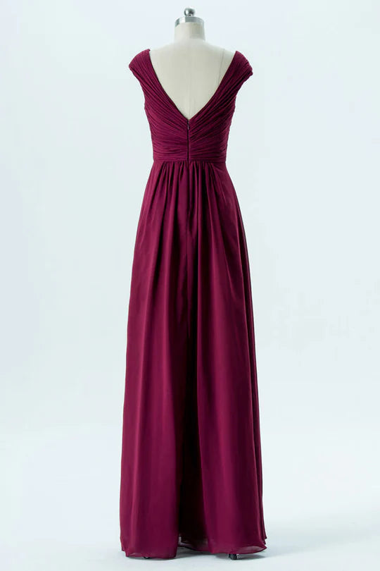 Magenta V-Neck Chiffon Cap Sleeve Backless Pleats Bridesmaid Dress